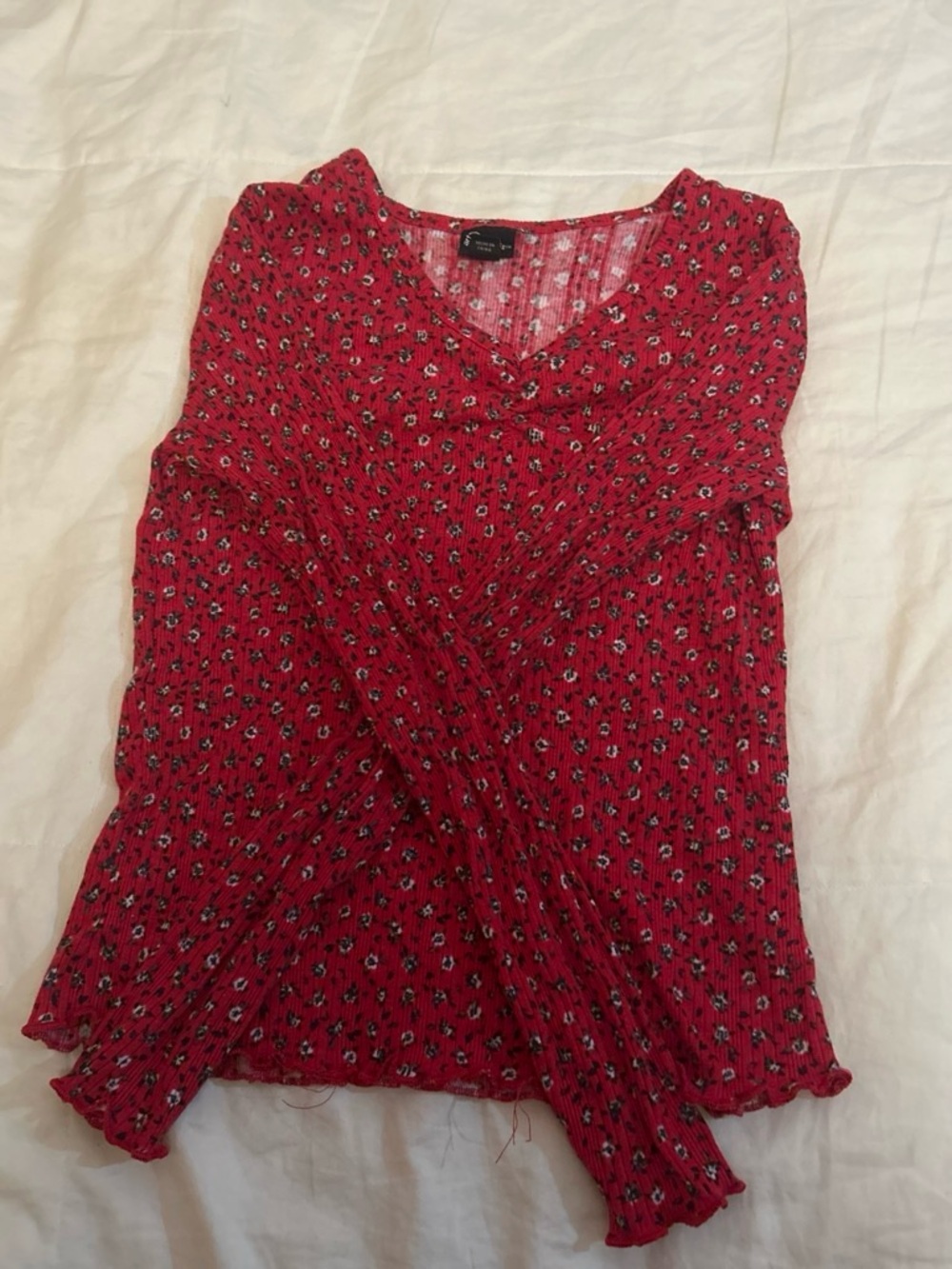 Red Floral V-Neck Women's Top